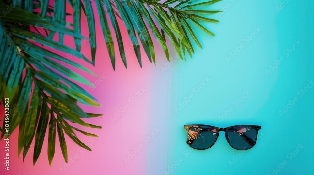 Poster the silhouette of sunglasses contrasts beautifully with a colorful beach background adorned with pal