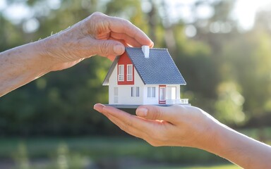 old man give house model to younger hand. Transfer inheritance asset