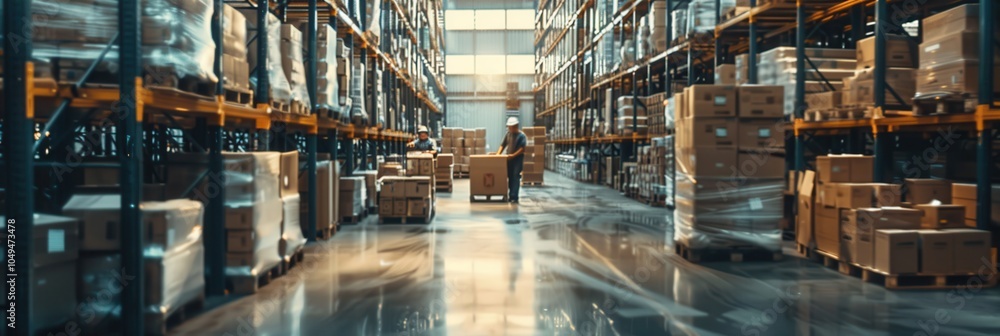 Poster A group of workers moves pallets and boxes around in a bustling warehouse filled with shelves of various products and goods. Generative AI
