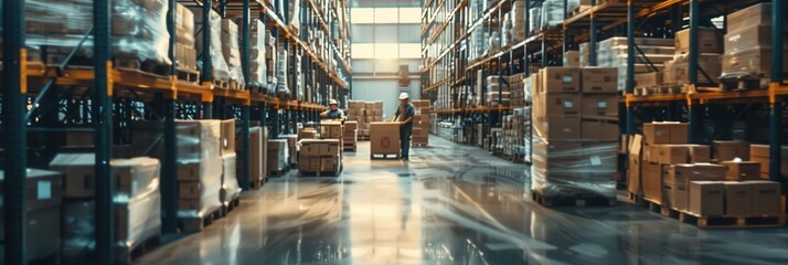 A group of workers moves pallets and boxes around in a bustling warehouse filled with shelves of various products and goods. Generative AI
