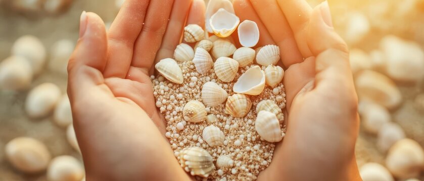 A pair of hands cradles assorted seashells and sand, reflecting a serene connection to nature and the beauty of the beach.