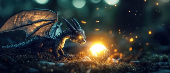 A mystical dragon gazes at a glowing sphere, surrounded by a magical forest ambiance, capturing a moment of wonder and fantasy.