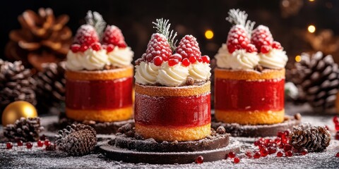 three cakes with cream frosting and topped with raspberries