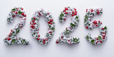 New Year 2025 background. Snow covered number of coming year with red berries