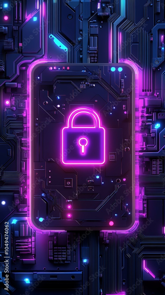 Poster glowing smartphone with lock icon on circuit background