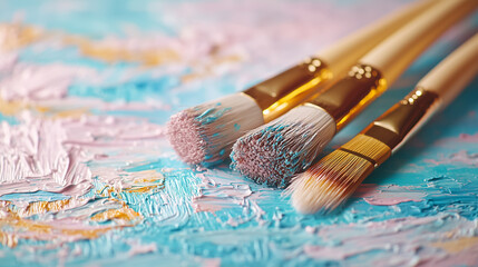 Fototapeta premium Artist's brushes with vibrant paint on a textured backdrop highlight tools of creativity and expression