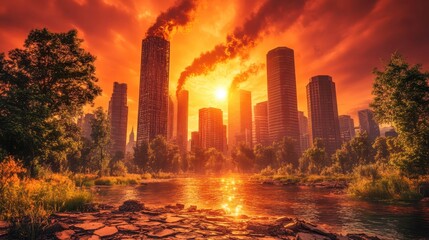 Fototapeta premium Stunning sunset over a cityscape nature meets urban architecture in a fiery display of color