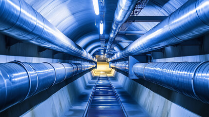 Empty underground corridor with drainage system and metal pipe network