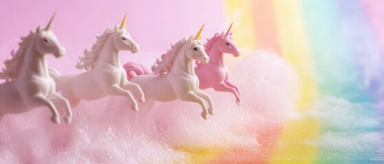 Obraz premium Four colorful unicorns gallop through a whimsical, pastel cloudscape, set against a vibrant rainbow background.