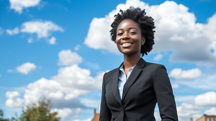 Confident businesswoman smiling against a bright sky