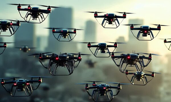 A swarm of drones flying over a cityscape, showcasing advanced technology in action.