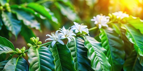 Coffee plant with bright green leaves and small white flowers in a tropical garden, leafy greens, botanical