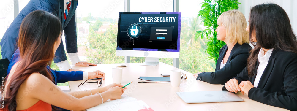 Poster cyber security system on computer screen protect private information snugly from hacker and cyber at