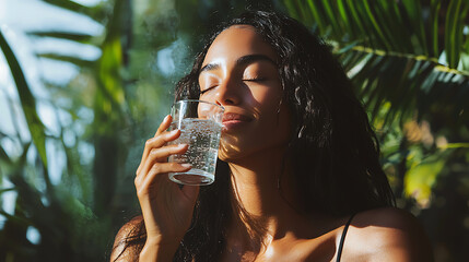 Woman savoring refreshing sparkling water in a lush garden