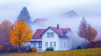 Discover the tranquil beauty of a misty autumn morning surrounding a charming house in nature