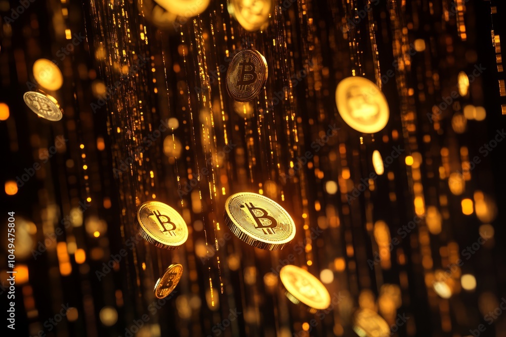 Poster an artistic depiction shows golden coins flowing through binary code, symbolizing digital wealth and