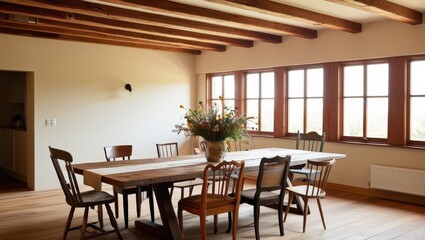 Fototapeta premium Charming Rustic Dining Room with Reclaimed Wood Table and Vintage Chairs