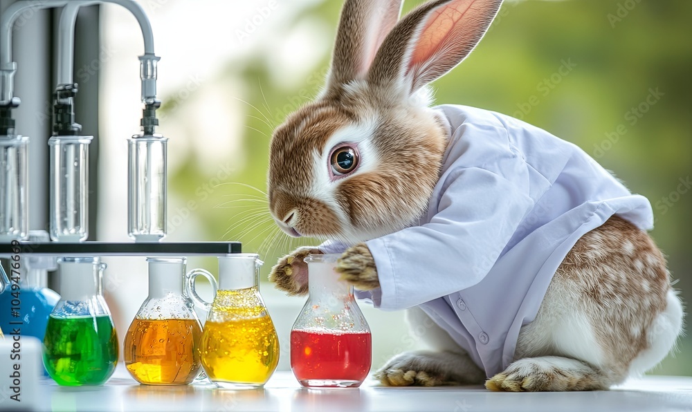 Aufkleber a cute rabbit dressed as a scientist is looking at a flask with red liquid in a laboratory setting.