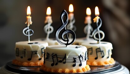 Celebrate with sweet melodies a festive cake display featuring musical notes and candles for a harmonious birthday celebration