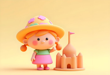 Naklejka premium cheerful cartoon character of little girl with orange hair wearing colorful hat stands beside sandcastle. bright colors and playful design evoke sense of joy and creativity