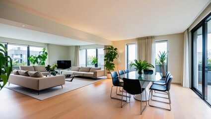 Fototapeta premium Modern Open-Plan Living and Dining Area with Ample Natural Light