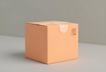 Obraz premium closed cardboard box in soft peach color, featuring simple design with smiley face and word CARE on front. This box represents thoughtful packaging and delivery