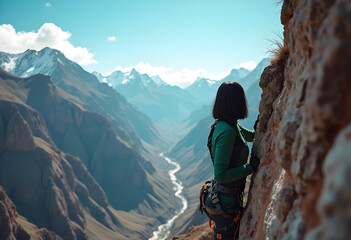 Climber scaling rocky mountain with breathtaking view of valley and river below, surrounded by majestic peaks and clear blue skies