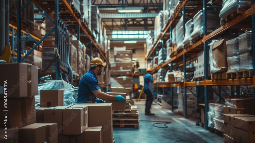 Poster warehouse workers are actively transporting boxes and pallets in a well-organized storage facility l