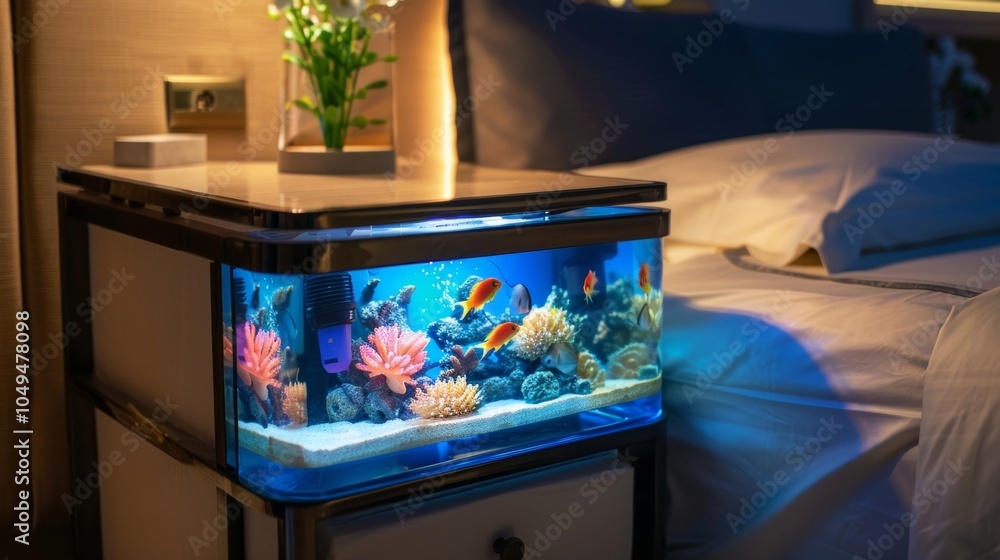 Poster get the best of both worlds with this bedside table that doubles as a fish tank allowing you to stor