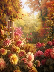Explore a stunning autumn garden where chrysanthemums, dahlias, and various flowers bloom in a vibrant display of seasonal colors. Generative AI
