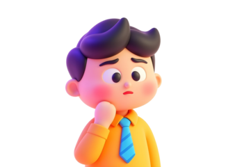 thoughtful cartoon character with worried expression, wearing orange shirt and blue tie, stands in neutral pose. This illustration captures moment of contemplation and concern