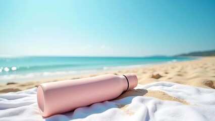 Pink Water Bottle Beach Mockup: Summer Lifestyle Product Photography