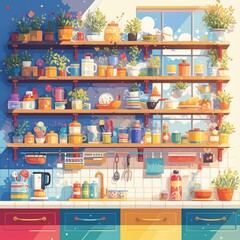 Colorful Kitchen Interior Illustration with Shelving, Plants, and Appliances