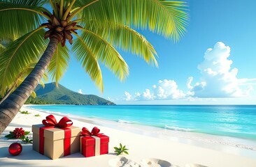 Fototapeta premium Christmas in southern hemisphere with a palm tree with christmas decorations and gift boxes on tropical beach with white sand and beautiful blue sea view and copy space