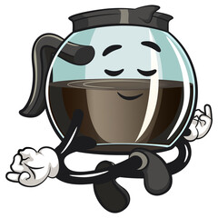cool glass coffee pot cartoon mascot character vector illustration was cross-legged and meditating, work of hand drawn
