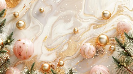 Christmas background with gold glitter and pink balls in beige and white with swirls with gold details and fir branches on a peach - marbled background.