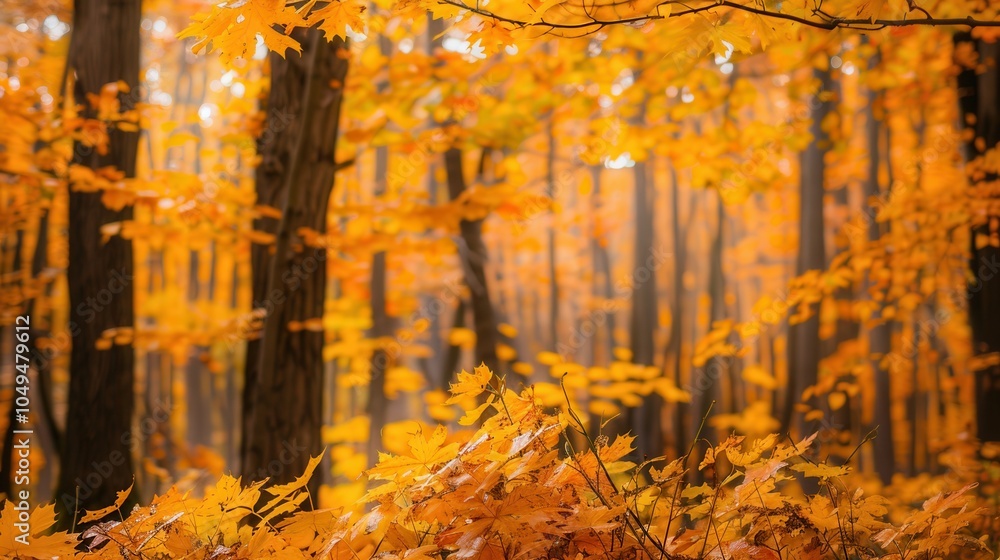 Poster the forest glows with golden autumn hues as trees showcase bright fall leaves, creating a peaceful a