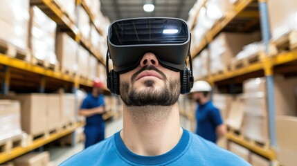Expert Logistics Coordinator Using Headset for Remote Management with Warehouse Team Working in the Background