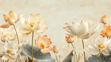Elegant lotus flowers in soft hues of cream and orange bloom gracefully against textured background, evoking sense of tranquility and natural beauty