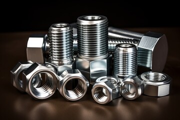 Collection of various metallic bolts and nuts stacked artistically on a dark surface