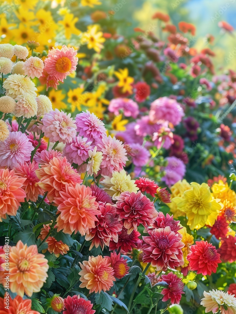 Aufkleber Colorful autumn flowers such as chrysanthemums and dahlias flourish in a beautiful garden, creating a lively and inviting atmosphere. Generative AI