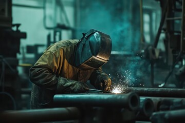 A man in a black jacket is working on a piece of metal in a workshop