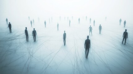 Faceless people thin lines pulse energy blank expanse pastel glow. AI generated