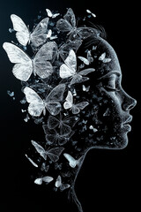 Abstract Butterfly Black and White Outline Portrait of Women: Artistic Female Background Wallpaper