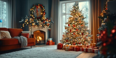 Fototapeta premium a christmas tree in a living room with presents