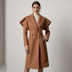 Vintage-Inspired Coat Dress with Oversized Lapels, Belt, and Subtle Shoulder Pads