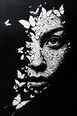 Abstract Butterfly Black and White Outline Portrait of Women: Artistic Female Background Wallpaper