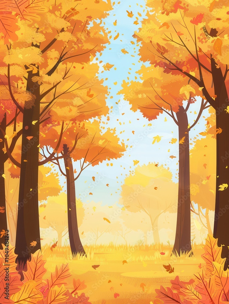 Aufkleber a beautiful autumn forest filled with trees displaying bright orange and golden leaves swaying gentl