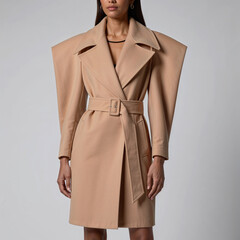 Vintage-Inspired Coat Dress with Oversized Lapels, Belt, and Subtle Shoulder Pads