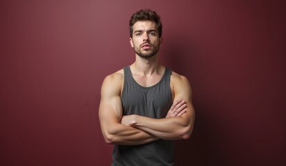 Fototapeta premium Confident man with crossed arms posing confidently against burgundy background